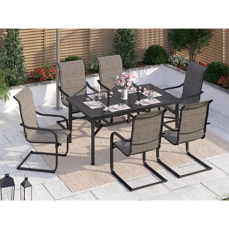 Black 7-Piece Metal Outdoor Patio Dining Set with Straight-Leg Rectangle Table and C-Spring Textilene Chairs-Paradise Island Wear