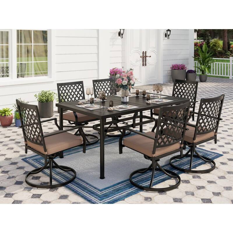 7-Piece Metal Patio Outdoor Dining Set with Rectangle Table and Elegant Swivel Chair with Beige Cushion-Paradise Island Wear