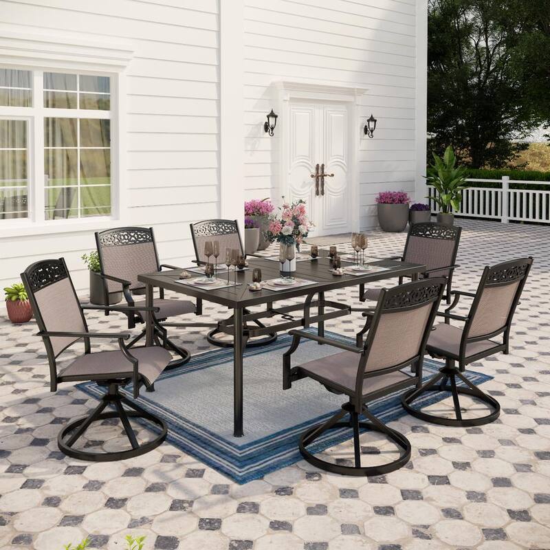 7-Piece Black Metal Rectangle Outdoor Dining Set with Table and Aluminum Swivel Dining Chairs-Paradise Island Wear