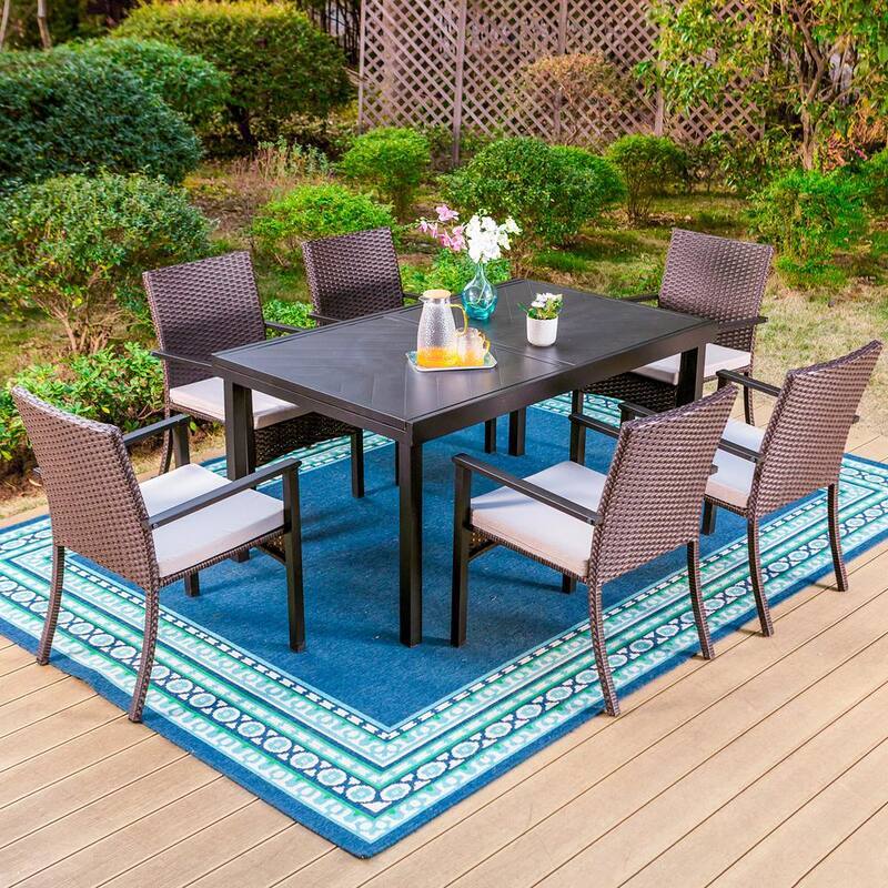 Black 7-Piece Metal Patio Outdoor Dining Set with Geometric Extendable Table and Rattan Chairs with Beige Cushion-Paradise Island Wear