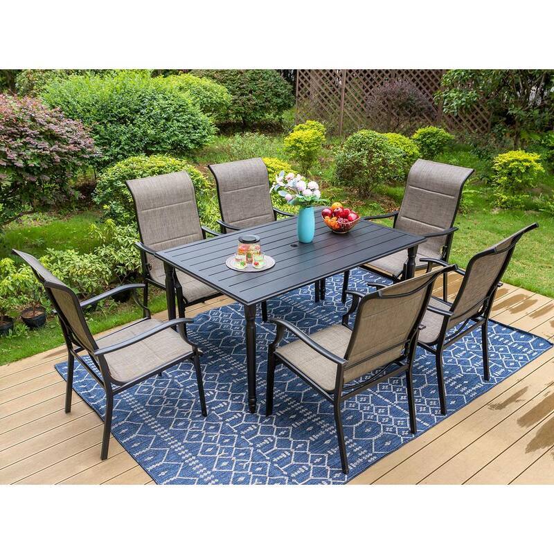 Black 7-Piece Metal Rectangle Patio Outdoor Dining Set Slat Table with Padded Textile Chairs-Paradise Island Wear