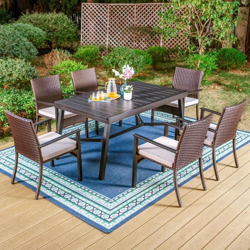 Black 7-Piece Metal Patio Outdoor Dining Set with Slat Extendable Table and Rattan Chairs with Beige Cushion-Paradise Island Wear