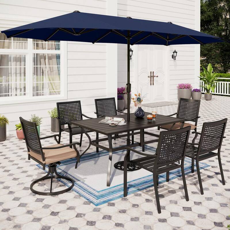 Black 8-Piece Metal Patio Outdoor Dining Set with Navy Umbrella and Swivel Chairs with Beige Cushions-Paradise Island Wear