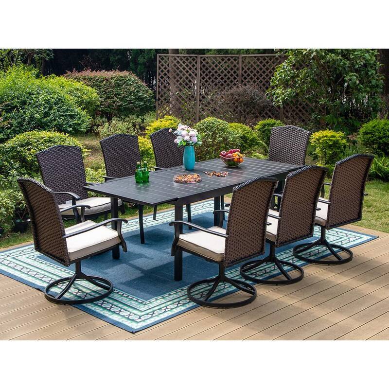 Black 9-Piece Metal Patio Outdoor Dining Set with Extendable Table and Rattan Chairs with Beige Cushion-Paradise Island Wear