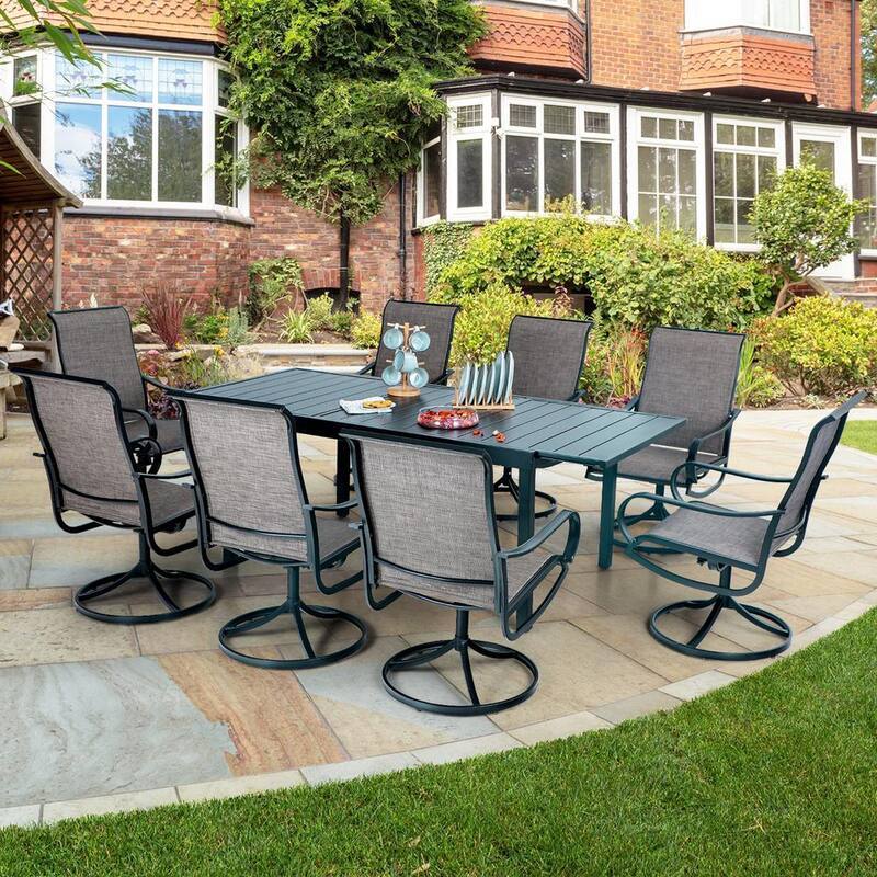 Black 9-Piece Metal Patio Outdoor Dining Set with Extendable Table and Swivel Chairs-Paradise Island Wear