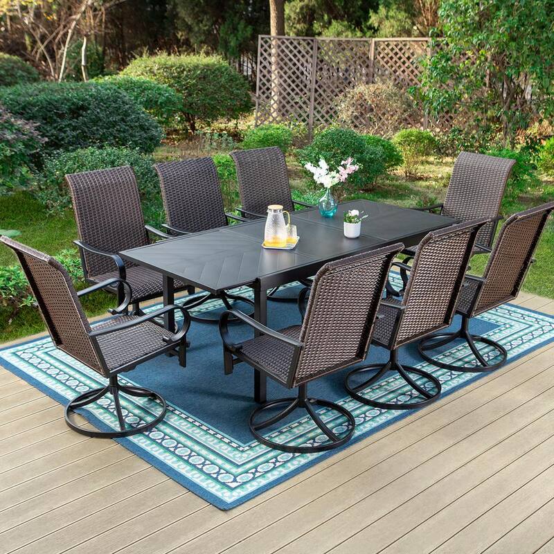 9-Piece Metal Outdoor Dining Set with Extensible Rectangular Carve Pattern Table and Rattan Swivel Chairs-Paradise Island Wear