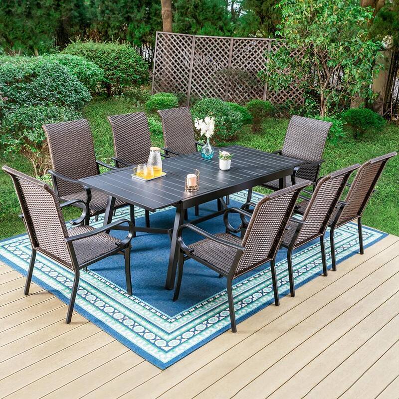 9-Piece Metal Outdoor Dining Set with Extensible Rectangular Slat Table and Brown Rattan Chairs-Paradise Island Wear