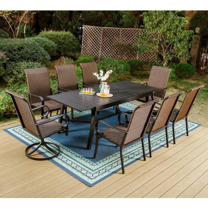 Black 9-Piece Metal Outdoor Dining Set with Extensible Rectangular Slat Table and Brown Rattan Swivel Chairs-Paradise Island Wear