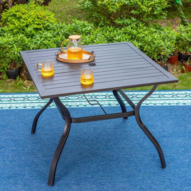 Black Slat Square Metal 1.57 in. Patio Outdoor Dining Table with Umbrella Hole-Paradise Island Wear