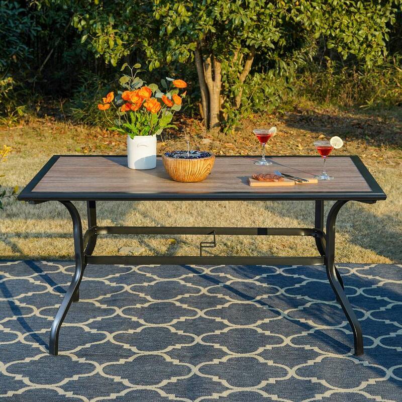 Black Rectangle Metal Patio Outdoor Dining Table with 1.57 in. Umbrella Hole and Wood-Look Tabletop-Paradise Island Wear