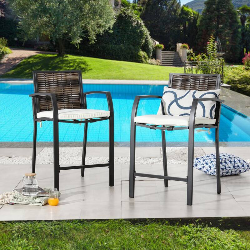 Wicker Outdoor Bar Stools with Beige Cushions (2-Pack)-Paradise Island Wear