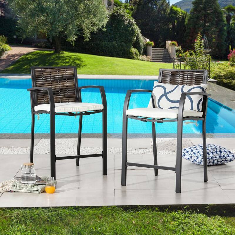 Wicker Outdoor Bar Stools with Beige Cushions (2-Pack)-Paradise Island Wear