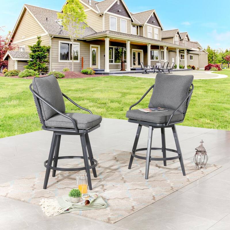 Wicker Outdoor Bar Stools with Grey Cushions (2-Pack)-Paradise Island Wear