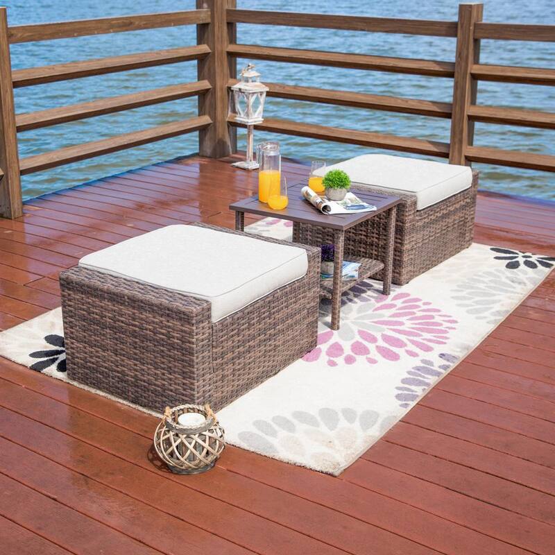 3-Piece Wicker Outdoor Ottoman with Beige Cushions (2-Pack)-Paradise Island Wear