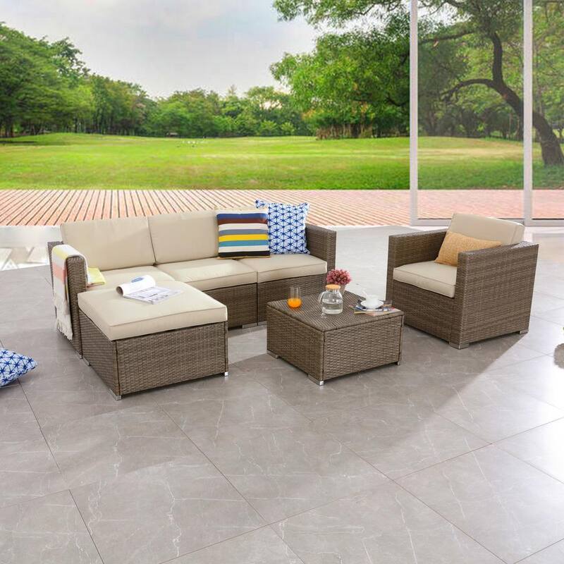 6-Piece Wicker Outdoor Sectional Set with Beige Cushions-Paradise Island Wear