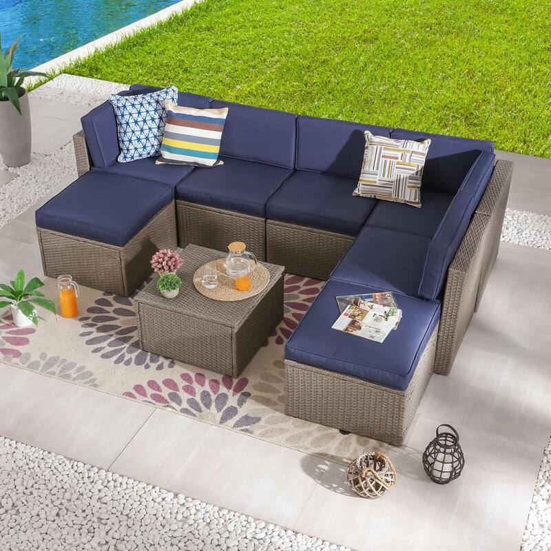 8-Piece Wicker Patio Sectional Seating Set with Blue Cushions-Paradise Island Wear