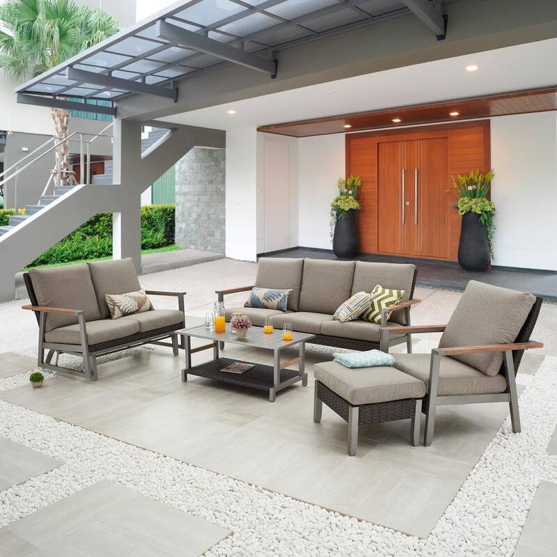 Thermal Transfer 5-Piece Wicker Patio Conversation Set with Khaki Cushions-Paradise Island Wear