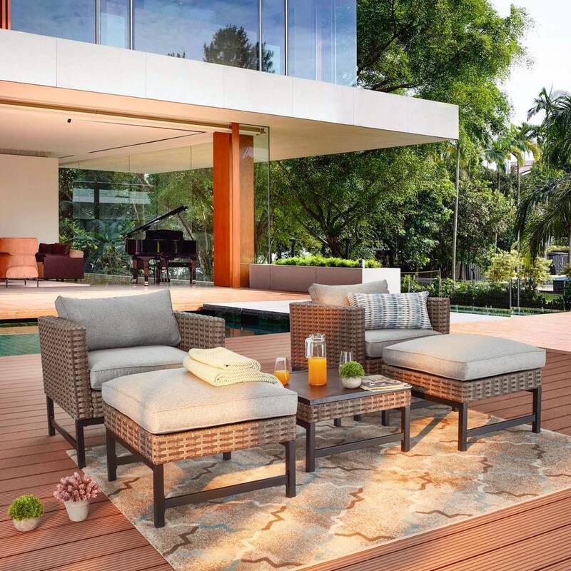Right-Angle 5-Piece Wicker Patio Conversation Seating Set with Gray Cushions-Paradise Island Wear