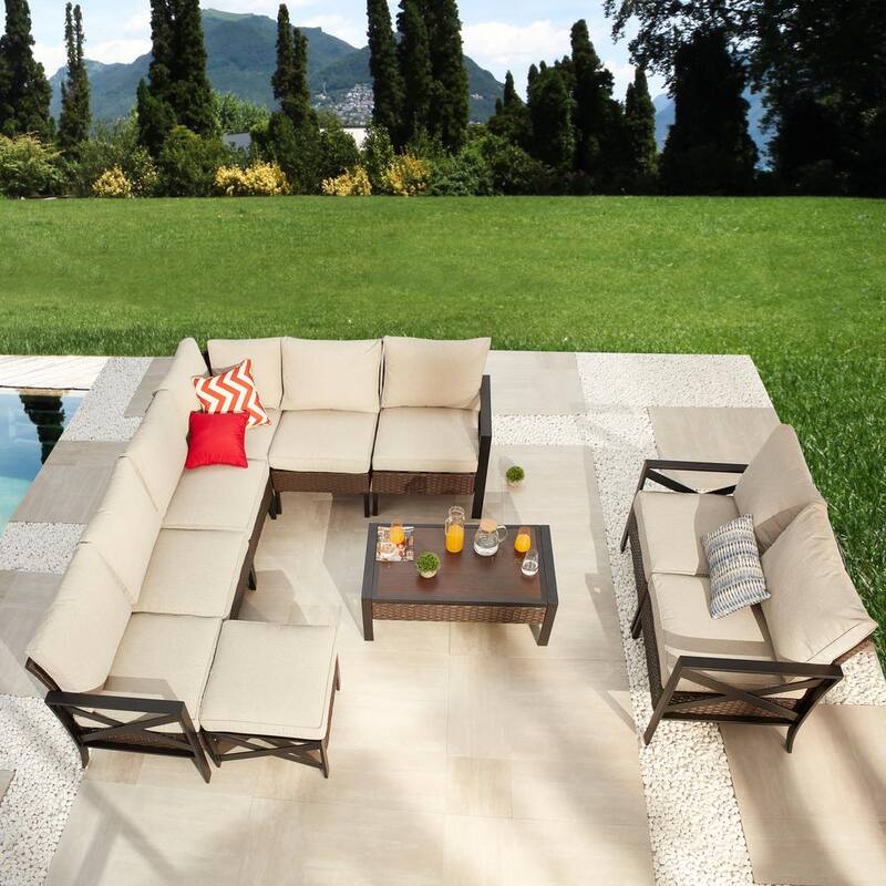 X- 10-Pieces Wicker Conversation Set with Beige Cushions-Paradise Island Wear