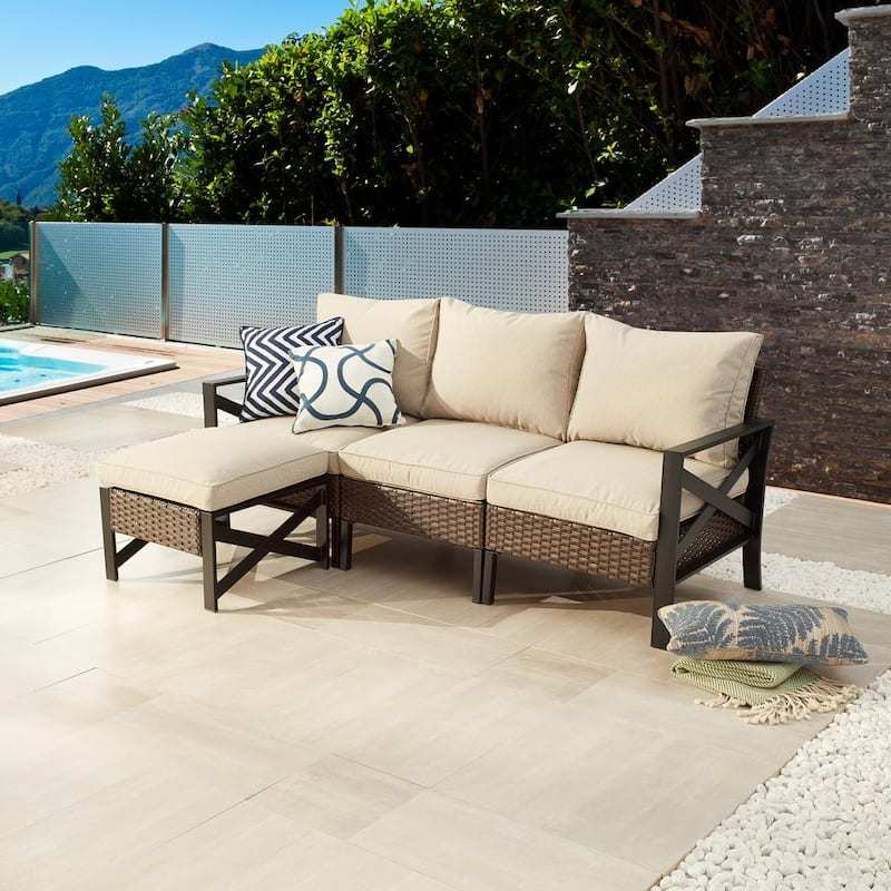 X- 4-Piece Wicker Outdoor Patio Conversation Set with Beige Cushions-Paradise Island Wear