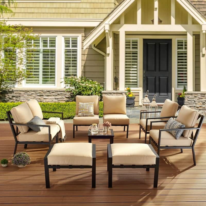 X-Back 9-Piece Metal Patio Conversation Seating Set with Beige Cushions-Paradise Island Wear