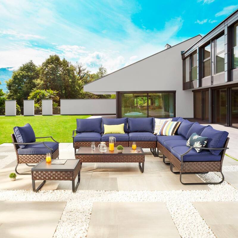 U- 10-Piece Wicker Patio Conversation Set with Blue Cushions-Paradise Island Wear