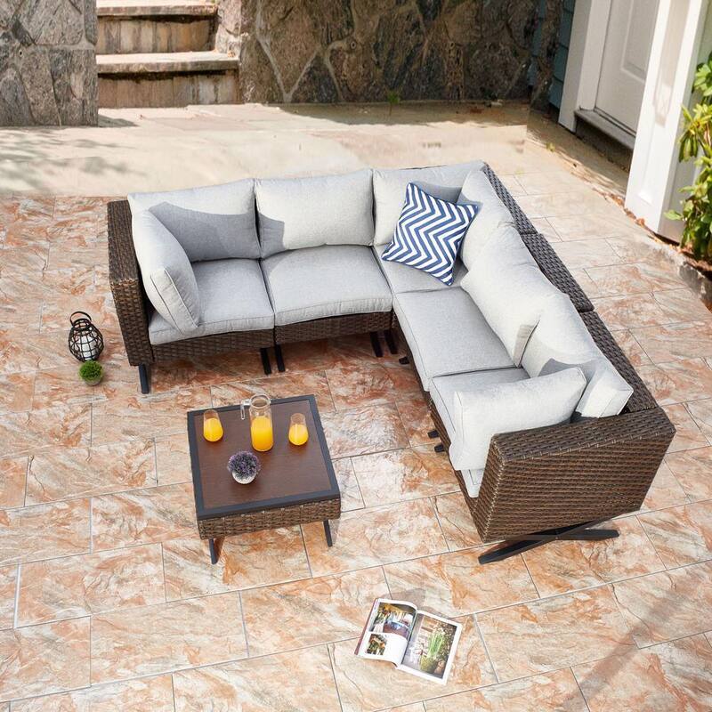 X-Leg 6-Piece Wicker Patio Conversation Sectional Seating Set with Gray Cushions-Paradise Island Wear