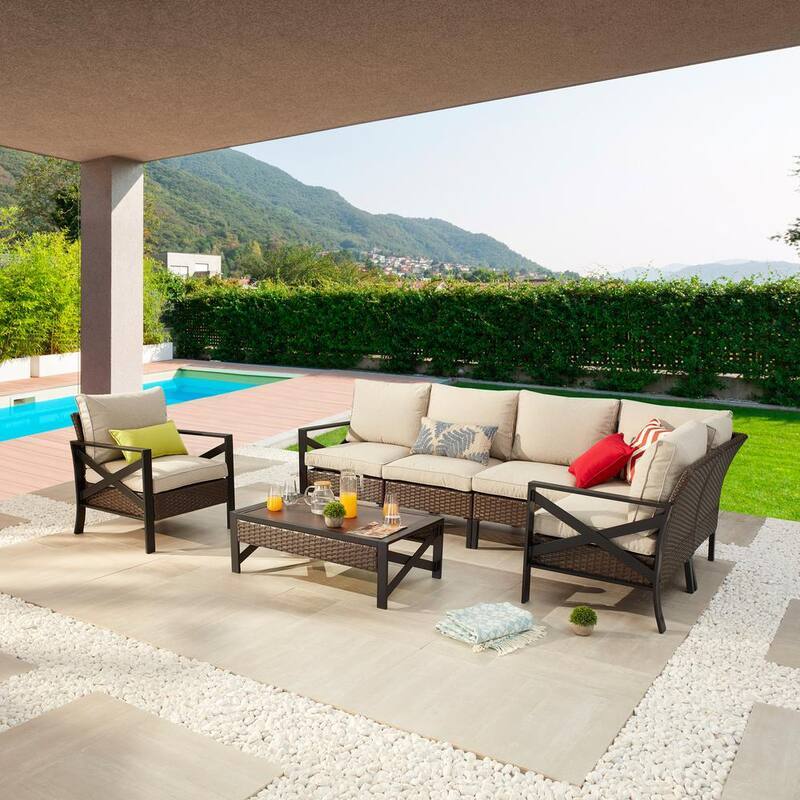 X-Arm 7-Pieces Wicker Conversation Set with Beige Cushions-Paradise Island Wear