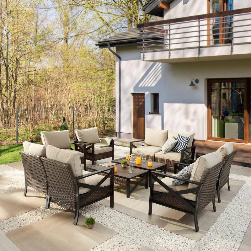 X-Arm 10-Pieces Wicker Conversation Set with Beige Cushions-Paradise Island Wear