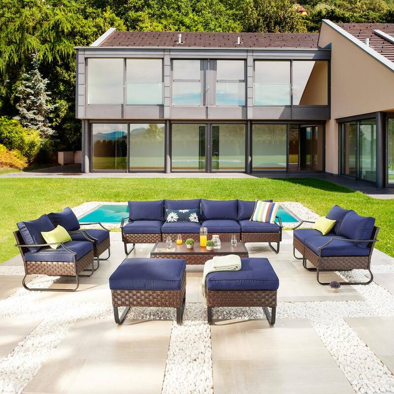 U- 9-Piece Wicker Patio Conversation Set with Blue Cushions-Paradise Island Wear