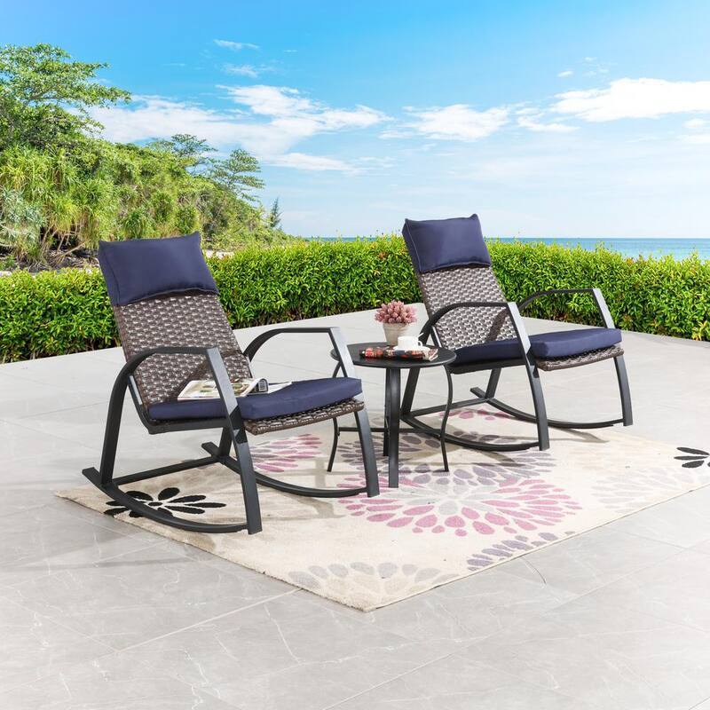 3-Piece Wicker Patio Rocking Chairs Set with BlueCushions-Paradise Island Wear