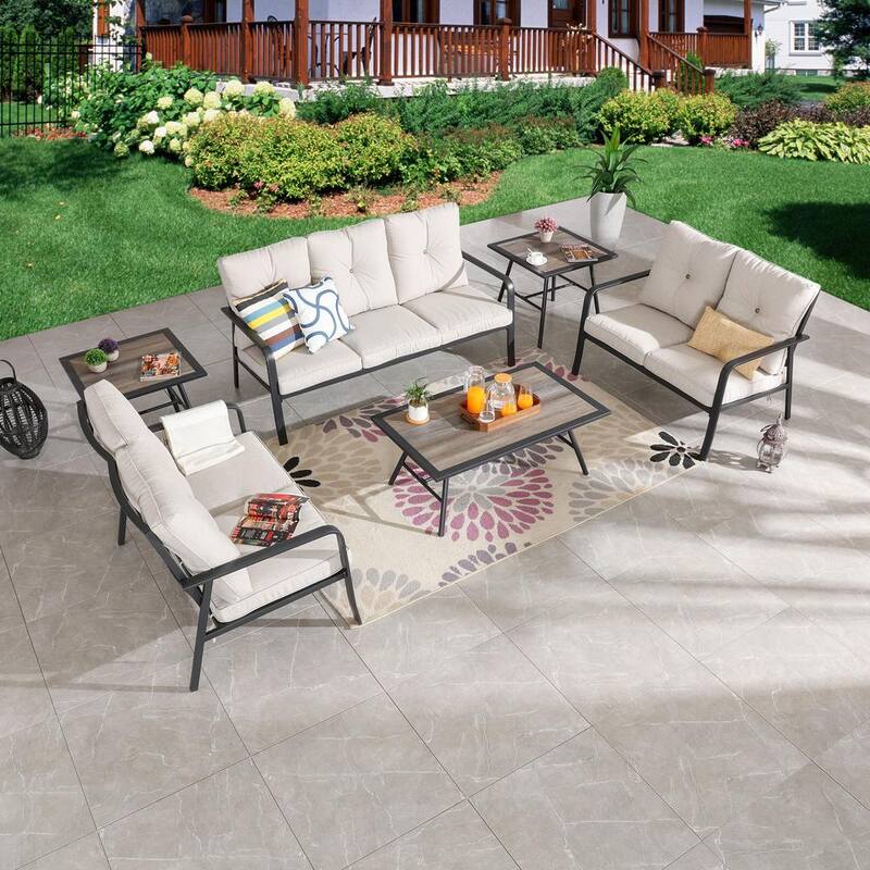 6-Piece Metal Outdoor Patio Conversation Set with Beige Cushions-Paradise Island Wear