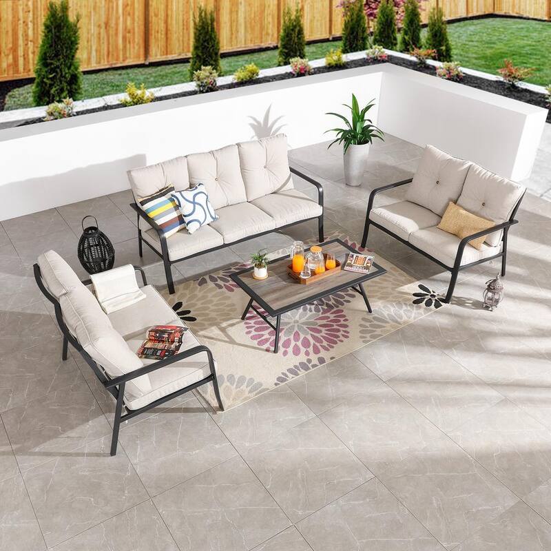 4-Piece Metal Outdoor Patio Conversation Set with Beige Cushions-Paradise Island Wear