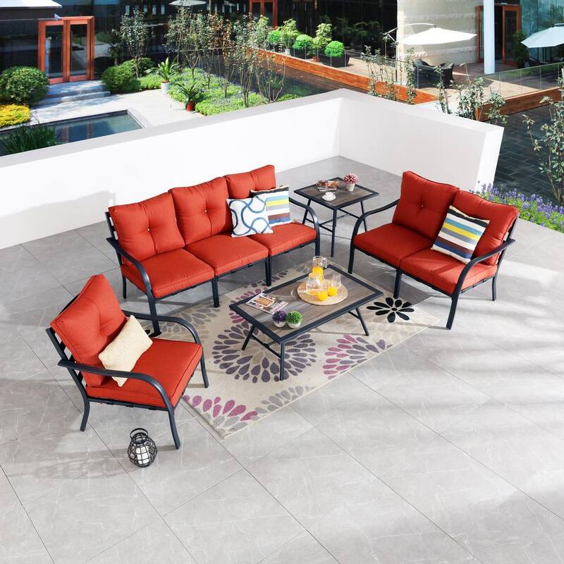 8-Piece Metal Patio Conversation Set with Red Cushions-Paradise Island Wear