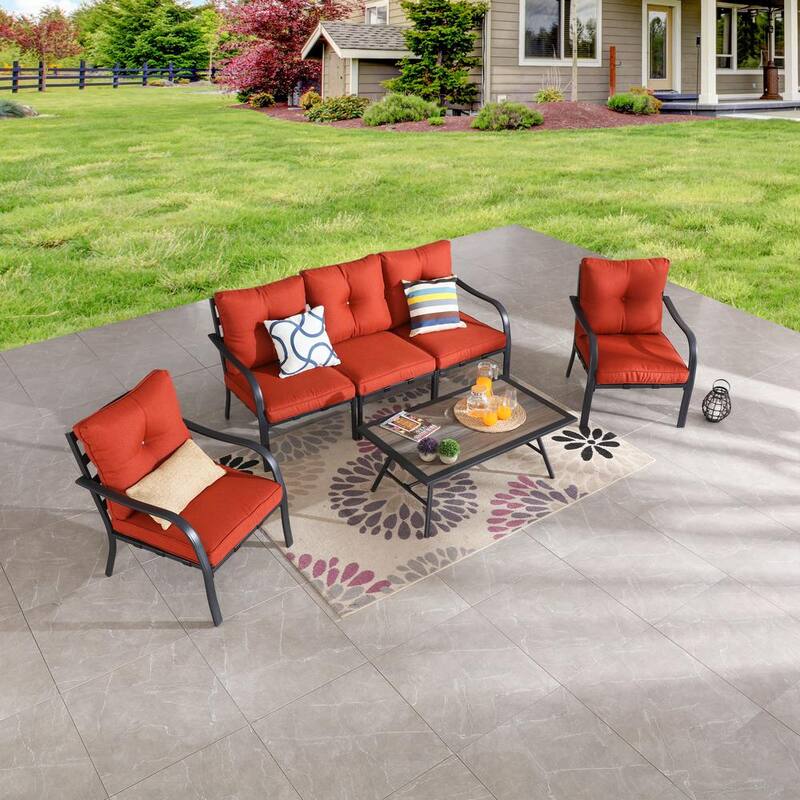 6-Piece Metal Patio Conversation Set with Red Cushions-Paradise Island Wear