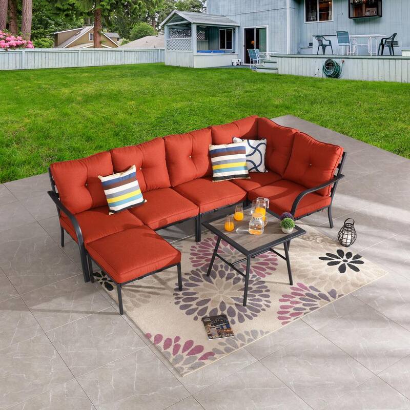 7-Piece Metal Patio Conversation Set with Red Cushions-Paradise Island Wear