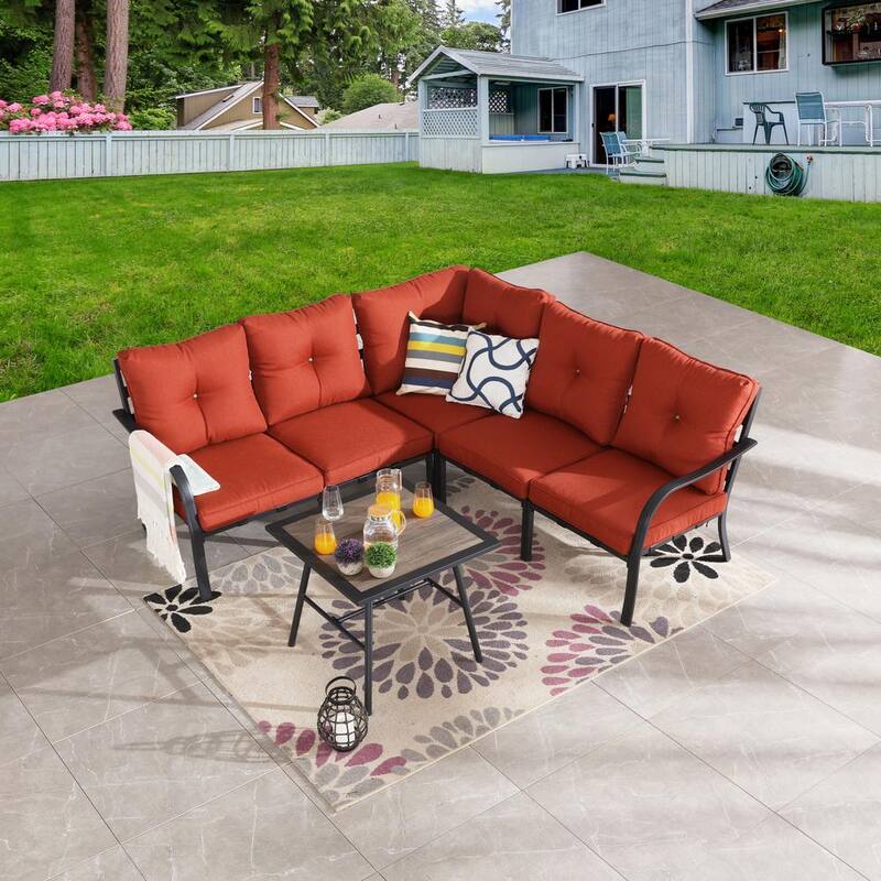 6-Piece Metal Patio Conversation Set with Red Cushions-Paradise Island Wear