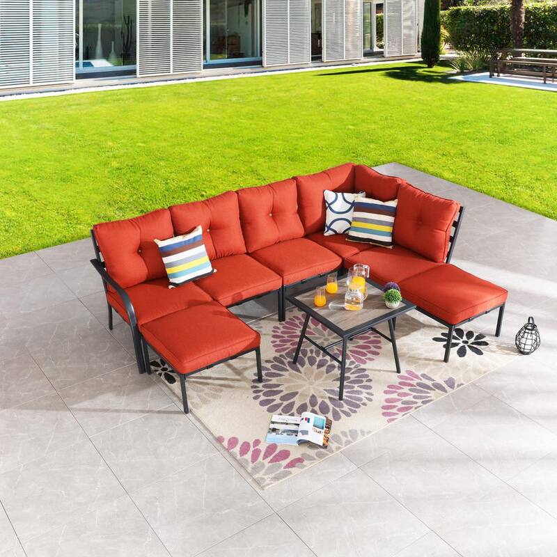 8-Piece Metal Patio Conversation Set with Red Cushions-Paradise Island Wear