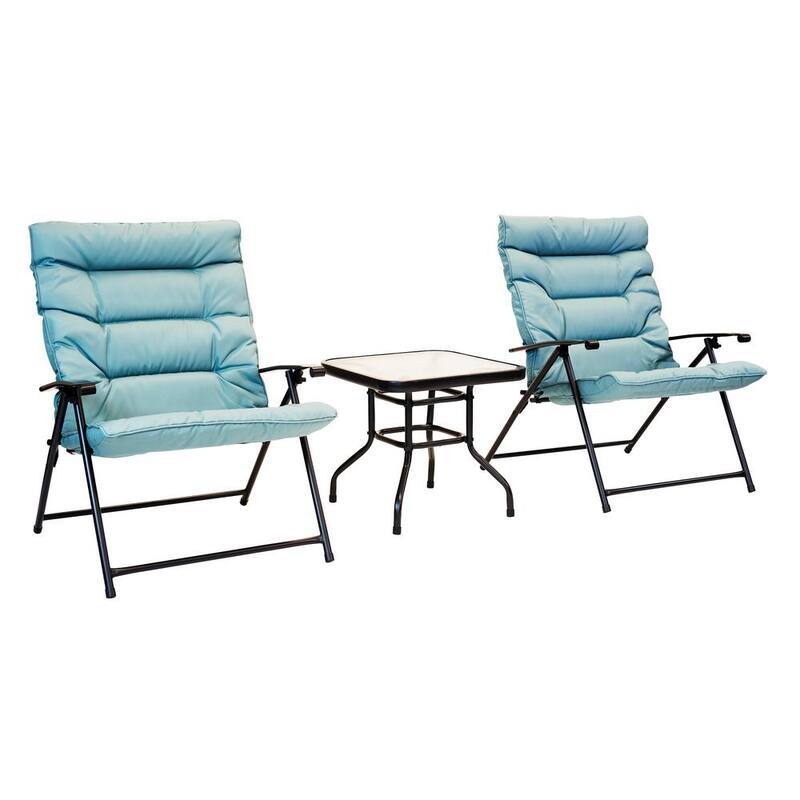 Black Frame 3-Piece Folding Steel Outdoor Bistro Set with Cushions Aqua Cushions-Paradise Island Wear