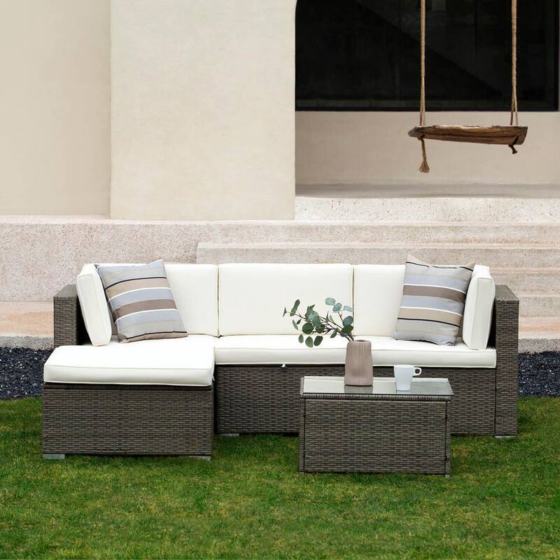 5-Piece Wicker Rattan Outdoor Patio Sectional Sofa with Beige Cushions and Pillows-Paradise Island Wear