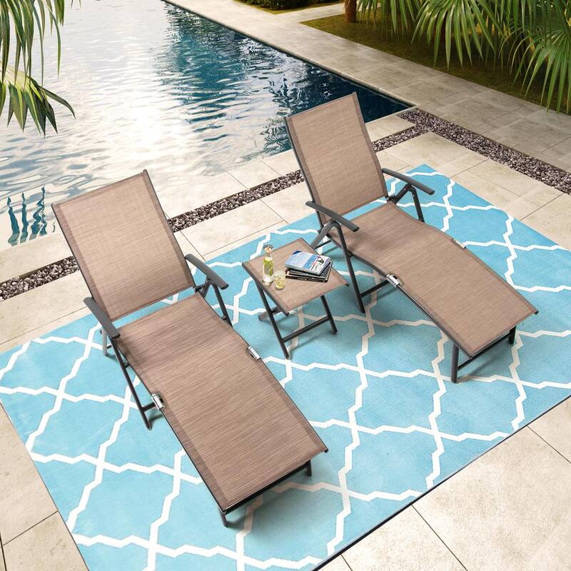 3-Piece Adjustable Aluminum Outdoor Chaise Lounge in Espresso with Side Table-Paradise Island Wear