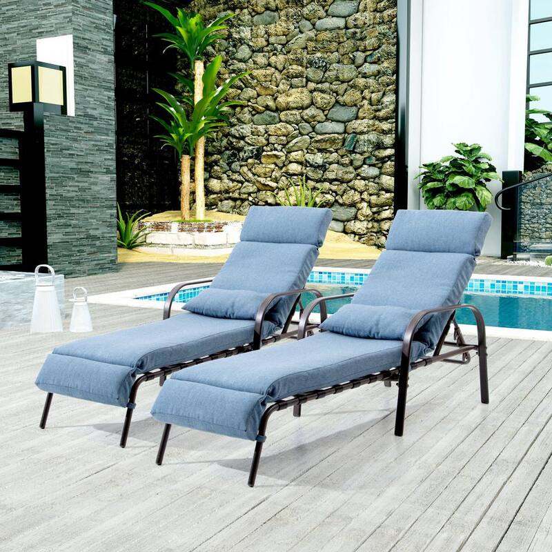 2-Piece Metal Outdoor Chaise Lounge with Dark Blue Cushions-Paradise Island Wear
