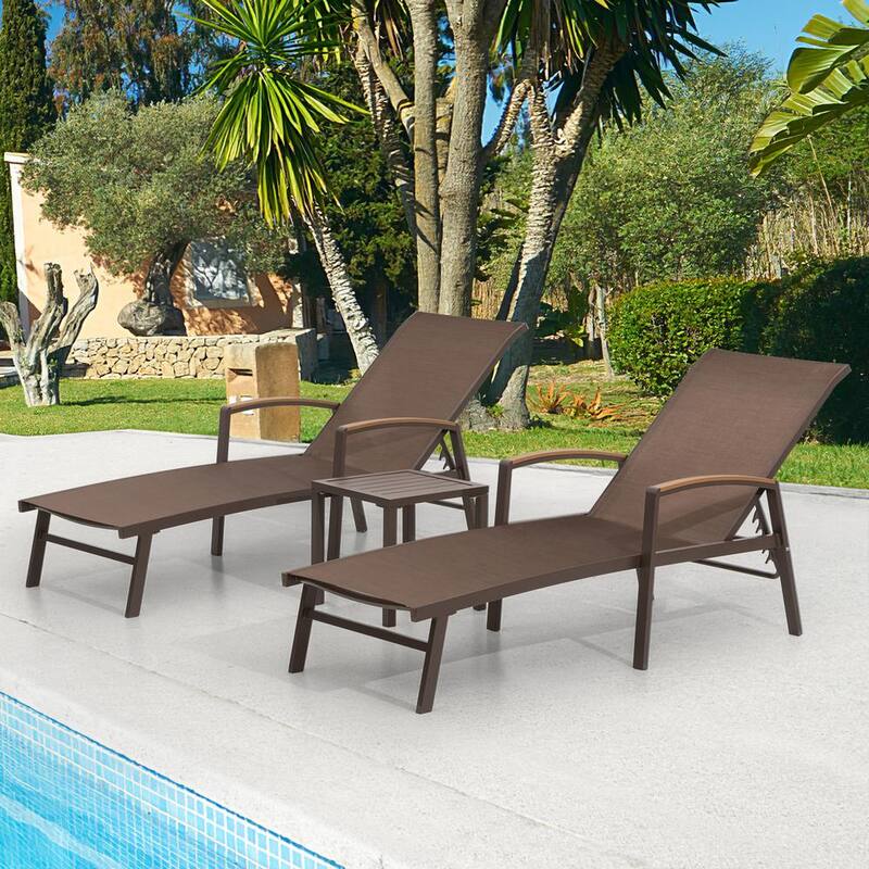 3-Piece Adjustable Aluminum Outdoor Chaise Lounge in Brown with Side Table-Paradise Island Wear