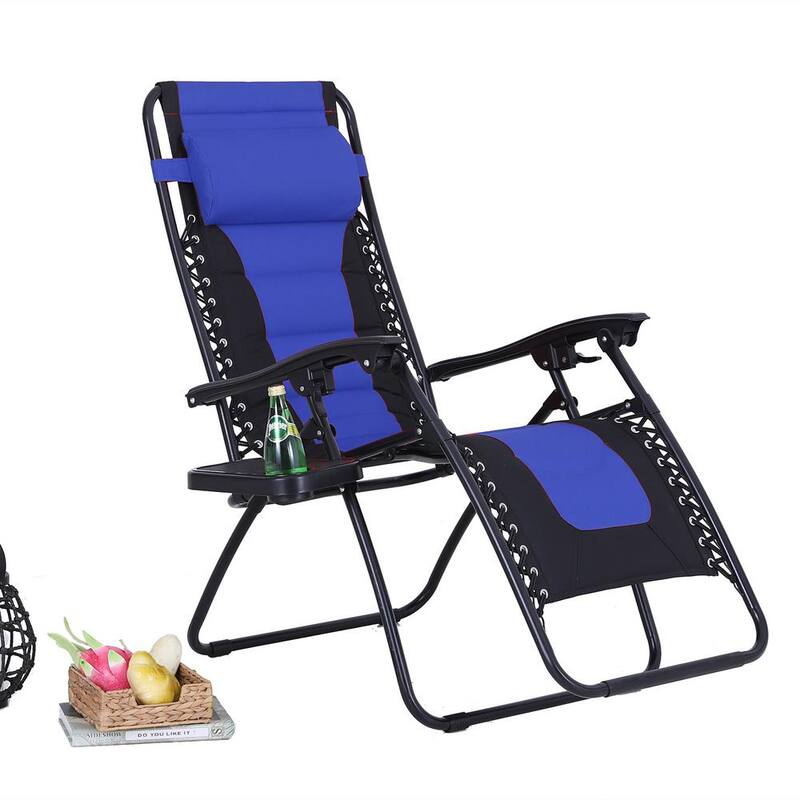 Black Metal Outdoor Patio Adjustable Recliner Black and Blue Padded Folding Zero Gravity Chair with Cup Holder-Paradise Island Wear