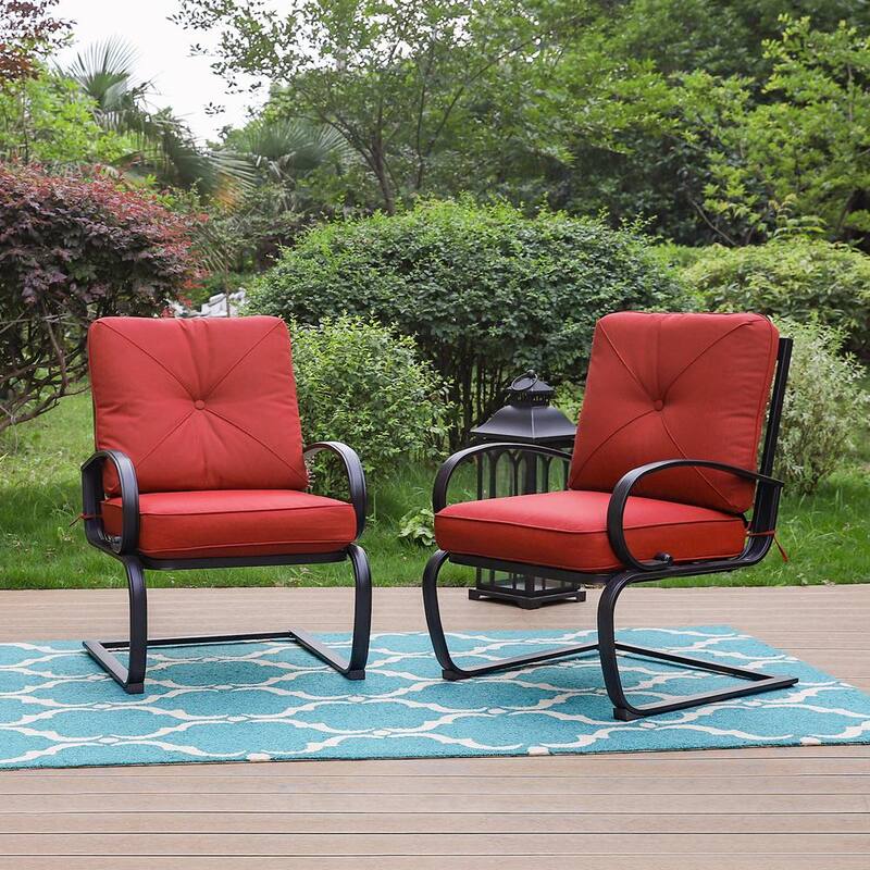 Black Metal Patio Outdoor Dining C-Spring Lounge Chair with Red Cushion (2-Pack)-Paradise Island Wear