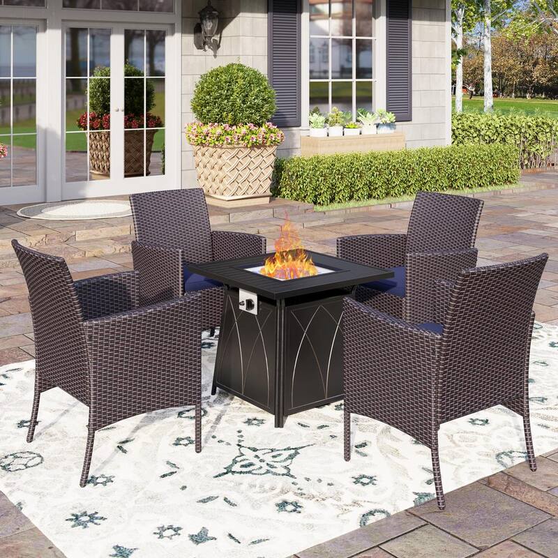 5-Piece Wicker Rattan Patio Conversation Set Firepit Chairs with Blue Cushions-Paradise Island Wear