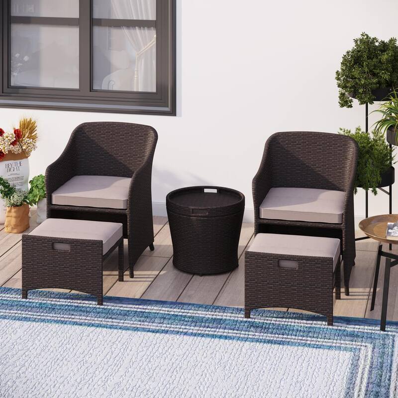 Black Frame 5-Piece Outdoor Dark Wicker Conversation Set with Beige Cushions-Paradise Island Wear