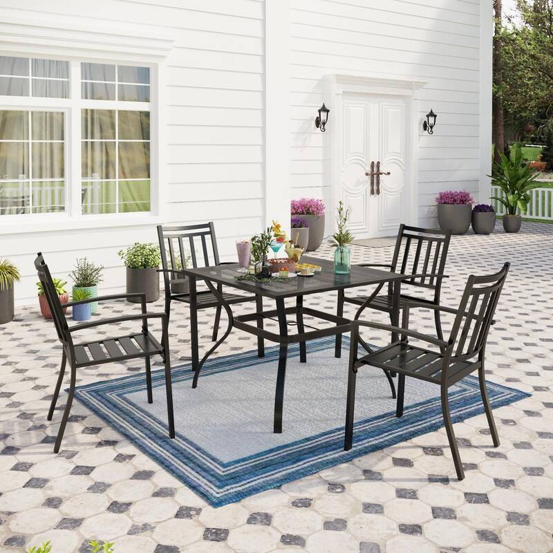 Black 5-Piece Metal Outdoor Patio Dining Set with Table and Stripe Stackable Chairs-Paradise Island Wear
