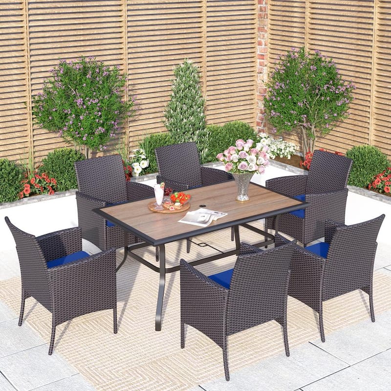 Black 7-Piece Metal Patio Outdoor Dining Set with Wood-Look Umbrella Table and Rattan Chairs with Blue Cushion-Paradise Island Wear