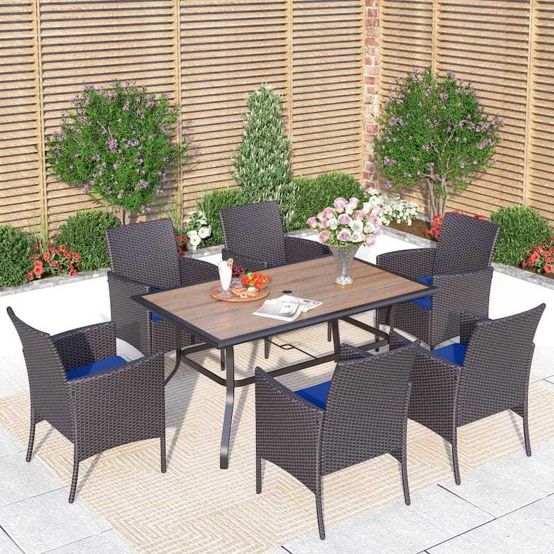 Black 7-Piece Metal Patio Outdoor Dining Set with Wood-Look Umbrella Table and Rattan Chairs with Blue Cushion-Paradise Island Wear